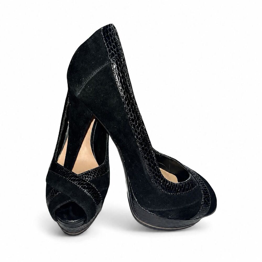 H By Halston Black Leather Snake Embossed Peep Toe Platform Heels Women's 6B